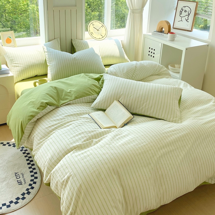 91家纺网 家纺一手货源 找家纺 春皖家纺 2025新款全棉纯棉色织AB版水洗棉四件套 青禾