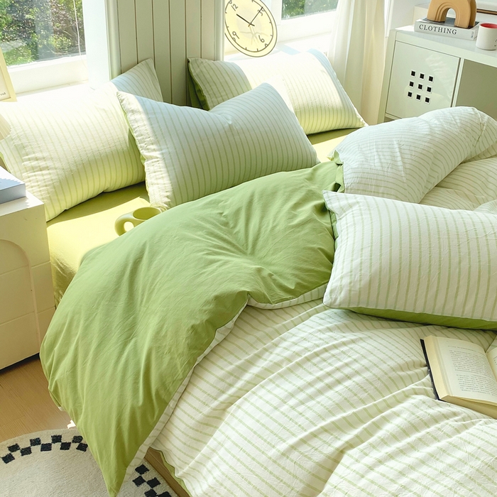 91家纺网 家纺一手货源 找家纺 春皖家纺 2025新款全棉纯棉色织AB版水洗棉四件套 青禾