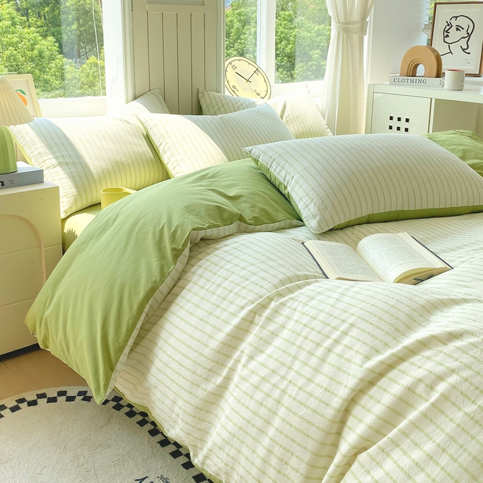 91家纺网 家纺一手货源 找家纺 春皖家纺 2025新款全棉纯棉色织AB版水洗棉四件套 青禾