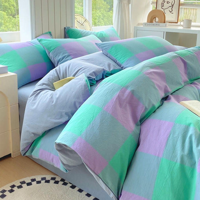 91家纺网 家纺一手货源 找家纺 春皖家纺 2025新款全棉纯棉色织AB版水洗棉四件套 胭紫