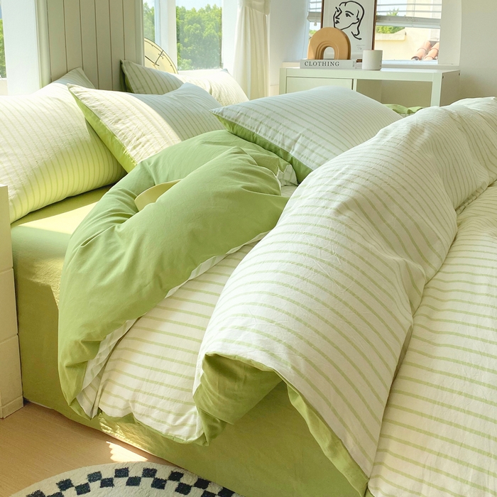 91家纺网 家纺一手货源 找家纺 春皖家纺 2025新款全棉纯棉色织AB版水洗棉四件套 青禾