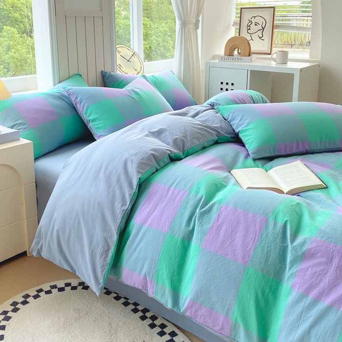 91家纺网 家纺一手货源 找家纺 春皖家纺 2025新款全棉纯棉色织AB版水洗棉四件套 胭紫