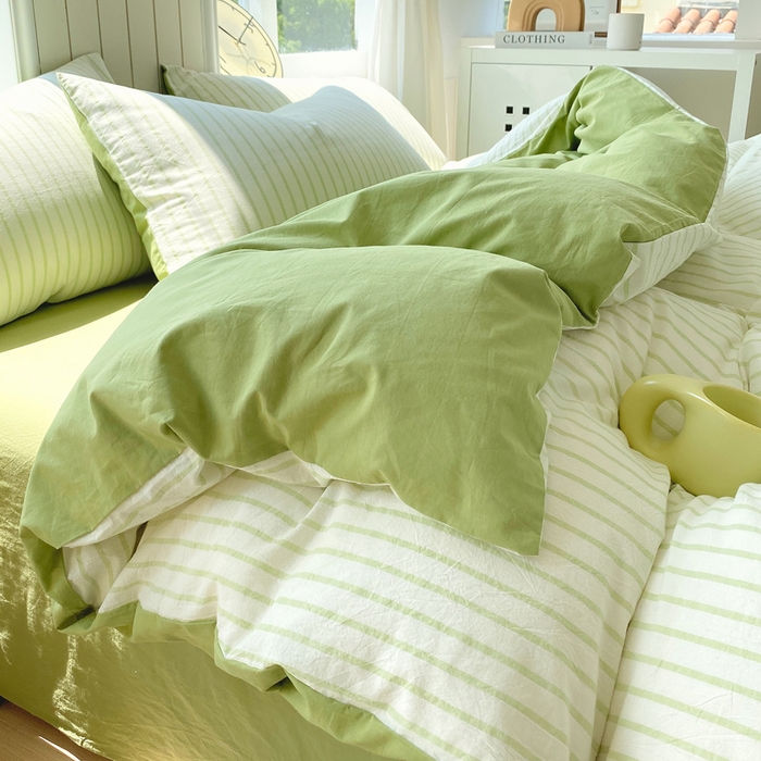 91家纺网 家纺一手货源 找家纺 春皖家纺 2025新款全棉纯棉色织AB版水洗棉四件套 青禾