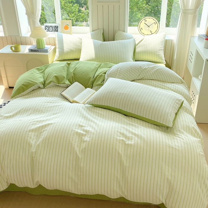 91家纺网 家纺一手货源 找家纺 春皖家纺 2025新款全棉纯棉色织AB版水洗棉四件套 青禾