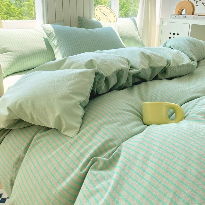 91家纺网 家纺一手货源 找家纺 春皖家纺 2025新款全棉纯棉色织AB版水洗棉四件套 影青