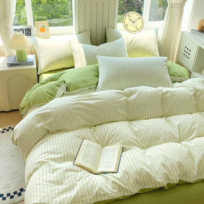 91家纺网 家纺一手货源 找家纺 春皖家纺 2025新款全棉纯棉色织AB版水洗棉四件套 青禾