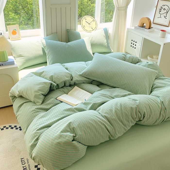 91家纺网 家纺一手货源 找家纺 春皖家纺 2025新款全棉纯棉色织AB版水洗棉四件套 影青