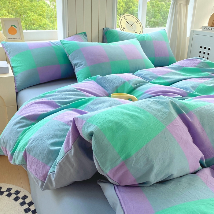 91家纺网 家纺一手货源 找家纺 春皖家纺 2025新款全棉纯棉色织AB版水洗棉四件套 胭紫