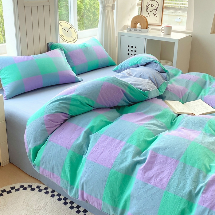 91家纺网 家纺一手货源 找家纺 春皖家纺 2025新款全棉纯棉色织AB版水洗棉四件套 胭紫