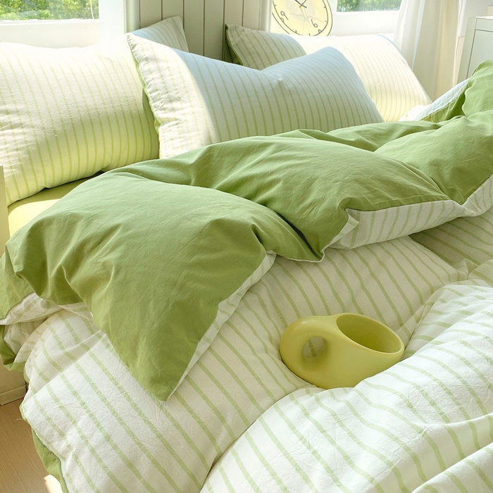 91家纺网 家纺一手货源 找家纺 春皖家纺 2025新款全棉纯棉色织AB版水洗棉四件套 青禾