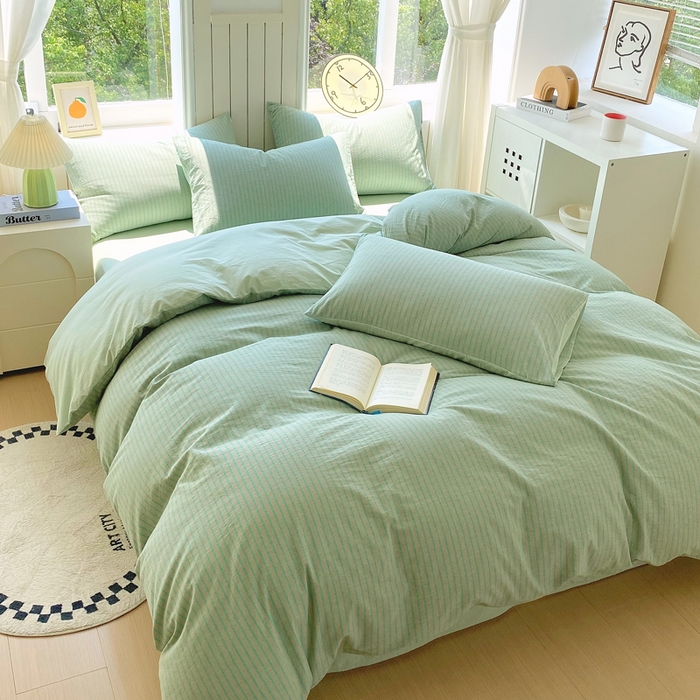 91家纺网 家纺一手货源 找家纺 春皖家纺 2025新款全棉纯棉色织AB版水洗棉四件套 影青