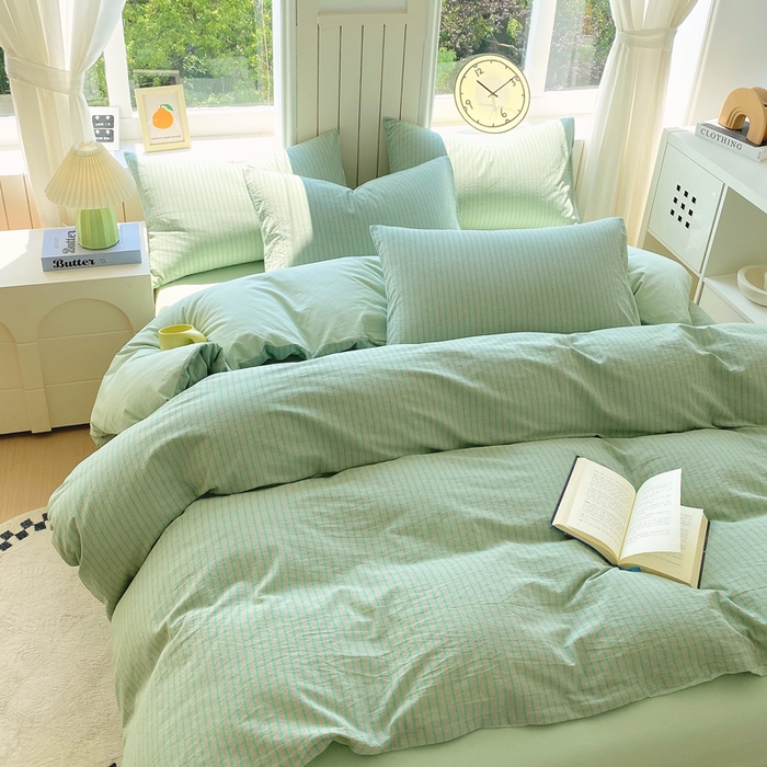 91家纺网 家纺一手货源 找家纺 春皖家纺 2025新款全棉纯棉色织AB版水洗棉四件套 影青