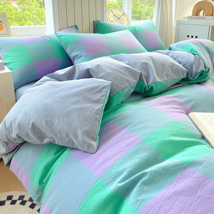 91家纺网 家纺一手货源 找家纺 春皖家纺 2025新款全棉纯棉色织AB版水洗棉四件套 胭紫