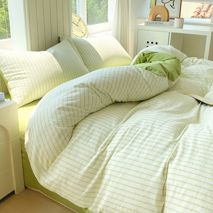 91家纺网 家纺一手货源 找家纺 春皖家纺 2025新款全棉纯棉色织AB版水洗棉四件套 青禾