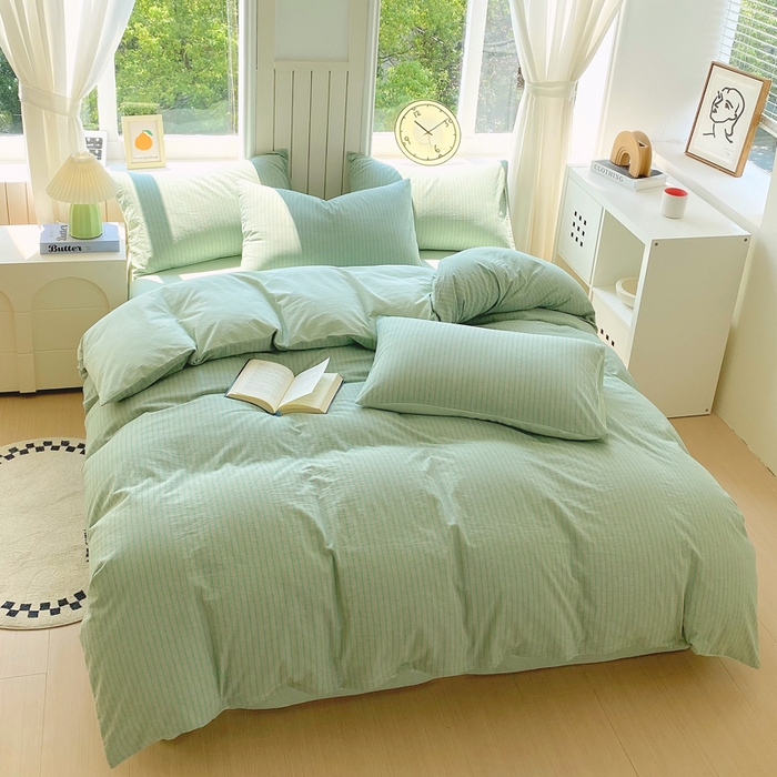 91家纺网 家纺一手货源 找家纺 春皖家纺 2025新款全棉纯棉色织AB版水洗棉四件套 影青