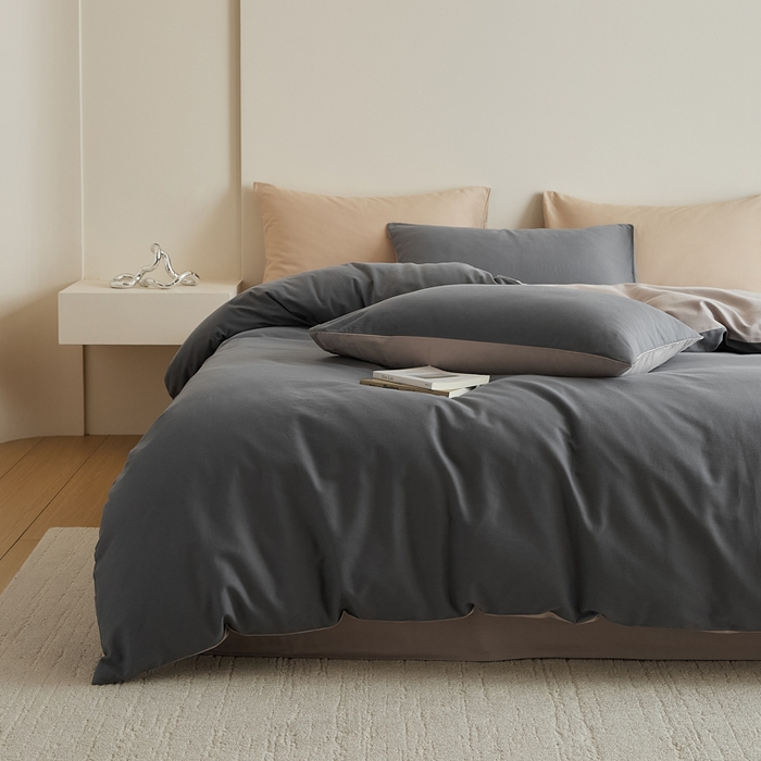 91家纺网 家纺一手货源 找家纺 眷恋家纺 2025新款A类全棉贡缎磨毛双拼色四件套 钛苏