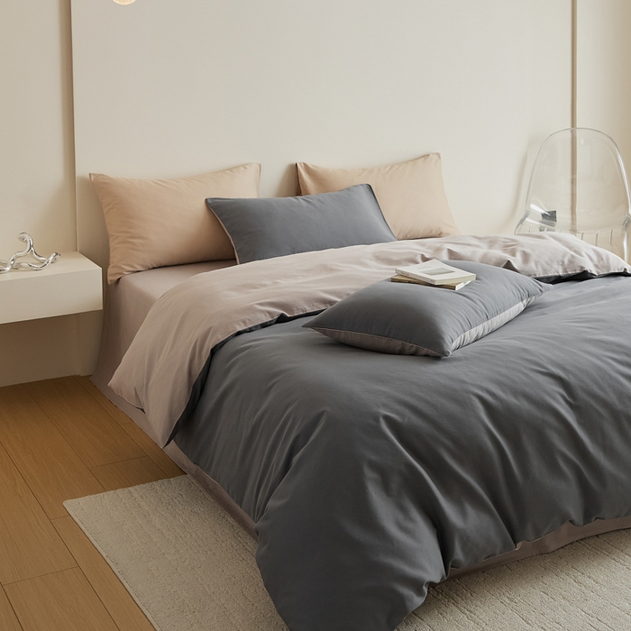 91家纺网 家纺一手货源 找家纺 眷恋家纺 2025新款A类全棉贡缎磨毛双拼色四件套 钛苏