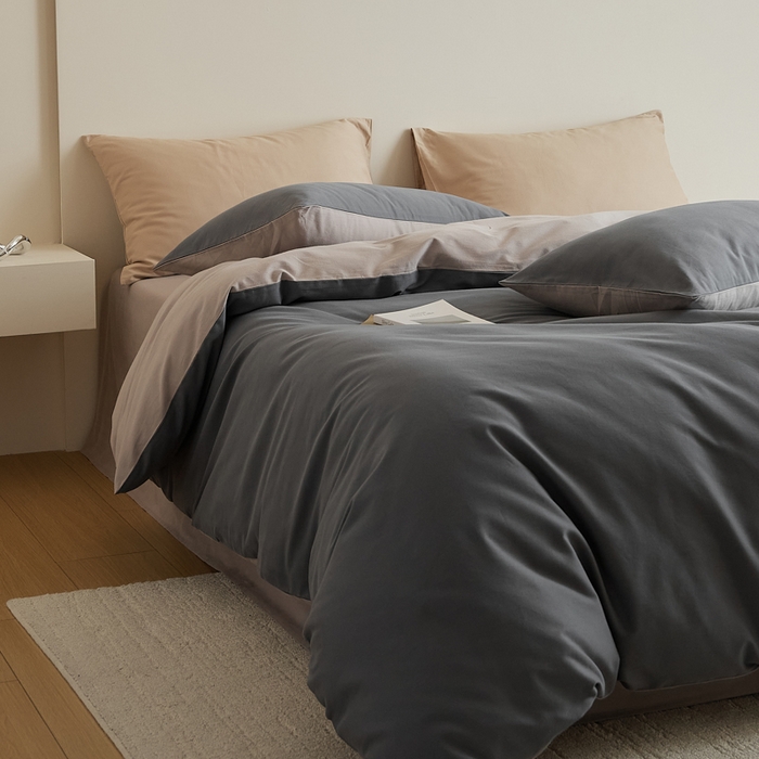 91家纺网 家纺一手货源 找家纺 眷恋家纺 2025新款A类全棉贡缎磨毛双拼色四件套 钛苏