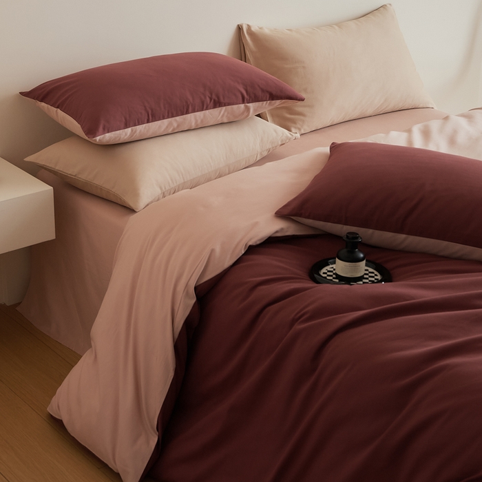 91家纺网 家纺一手货源 找家纺 眷恋家纺 2025新款A类全棉贡缎磨毛双拼色四件套 维粉