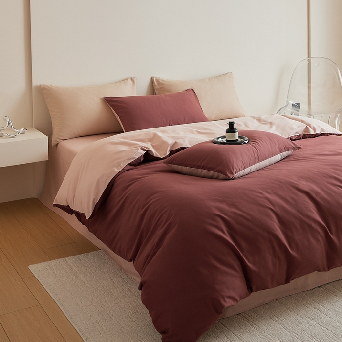 91家纺网 家纺一手货源 找家纺 眷恋家纺 2025新款A类全棉贡缎磨毛双拼色四件套 维粉