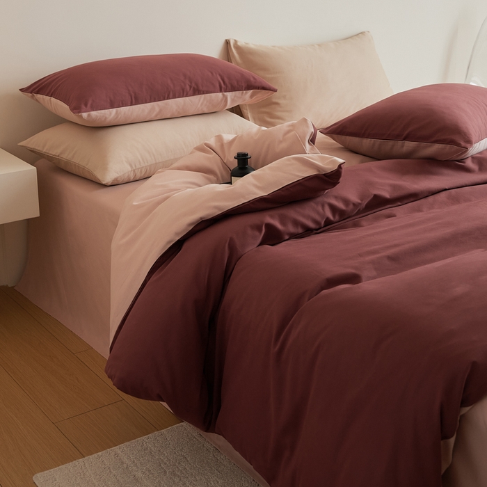 91家纺网 家纺一手货源 找家纺 眷恋家纺 2025新款A类全棉贡缎磨毛双拼色四件套 维粉