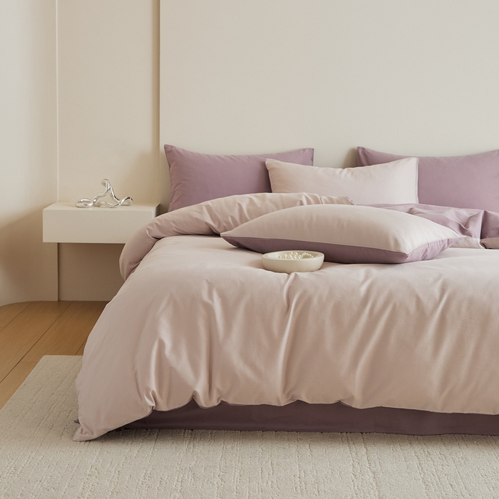 91家纺网 家纺一手货源 找家纺 眷恋家纺 2025新款A类全棉贡缎磨毛双拼色四件套 溪紫