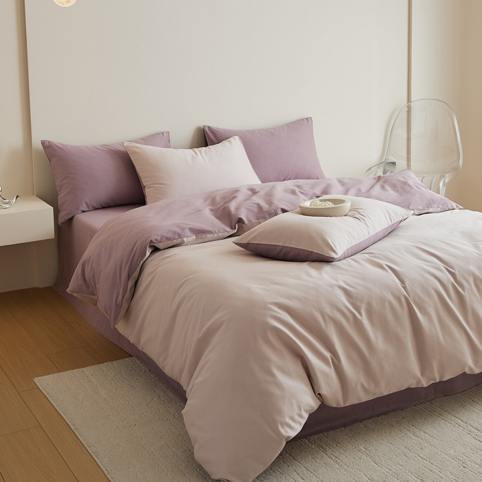 91家纺网 家纺一手货源 找家纺 眷恋家纺 2025新款A类全棉贡缎磨毛双拼色四件套 溪紫