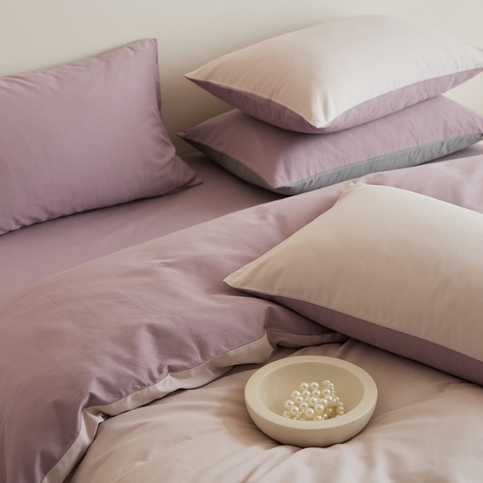 91家纺网 家纺一手货源 找家纺 眷恋家纺 2025新款A类全棉贡缎磨毛双拼色四件套 溪紫