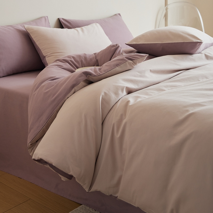 91家纺网 家纺一手货源 找家纺 眷恋家纺 2025新款A类全棉贡缎磨毛双拼色四件套 溪紫