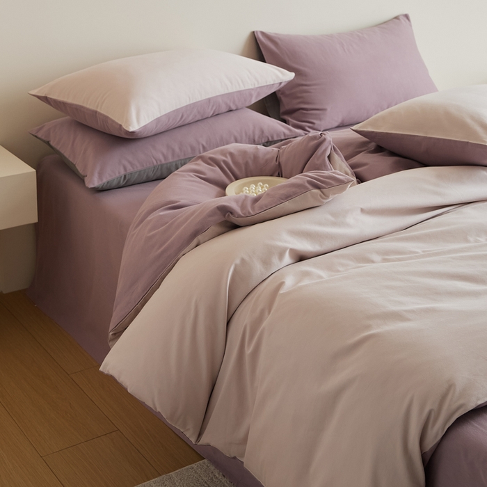 91家纺网 家纺一手货源 找家纺 眷恋家纺 2025新款A类全棉贡缎磨毛双拼色四件套 溪紫