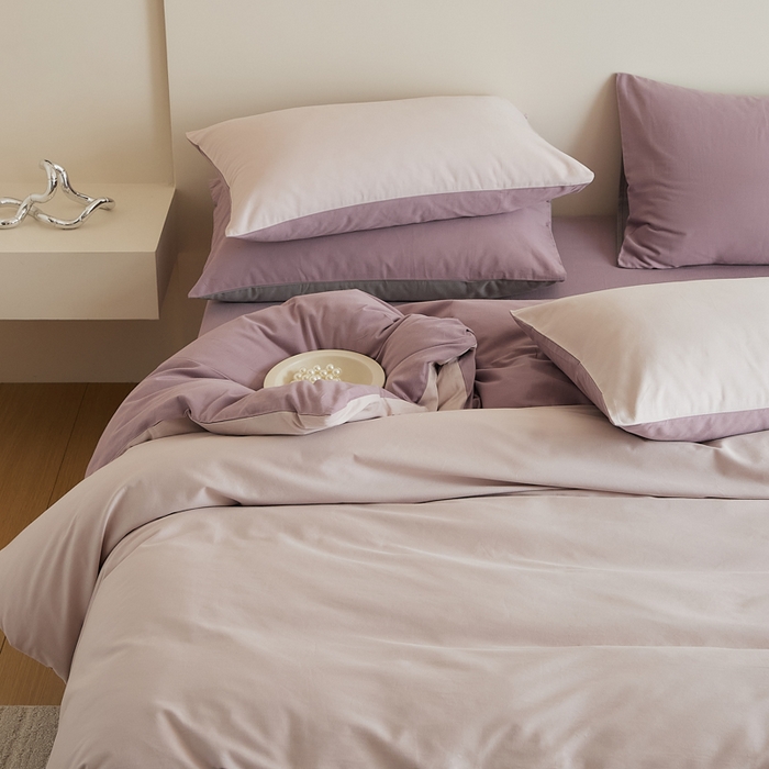 91家纺网 家纺一手货源 找家纺 眷恋家纺 2025新款A类全棉贡缎磨毛双拼色四件套 溪紫