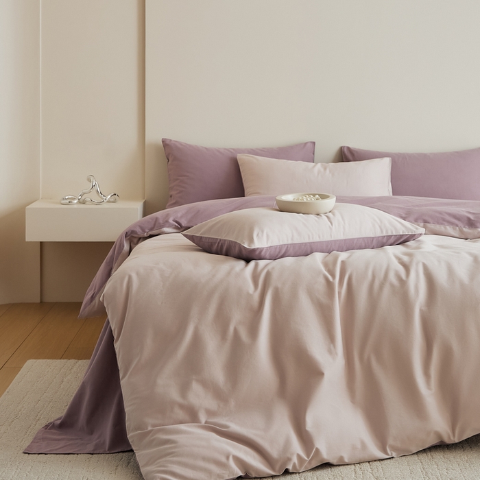 91家纺网 家纺一手货源 找家纺 眷恋家纺 2025新款A类全棉贡缎磨毛双拼色四件套 溪紫