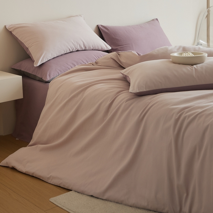 91家纺网 家纺一手货源 找家纺 眷恋家纺 2025新款A类全棉贡缎磨毛双拼色四件套 溪紫