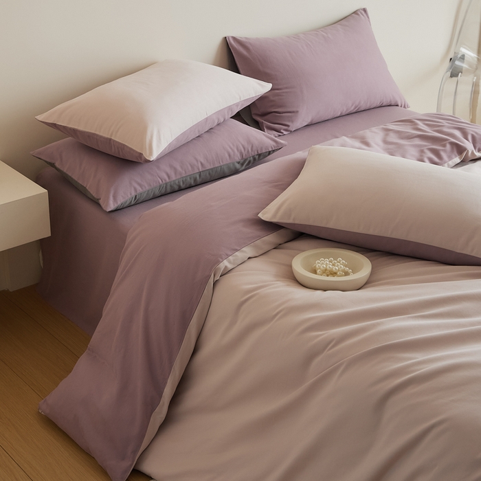 91家纺网 家纺一手货源 找家纺 眷恋家纺 2025新款A类全棉贡缎磨毛双拼色四件套 溪紫