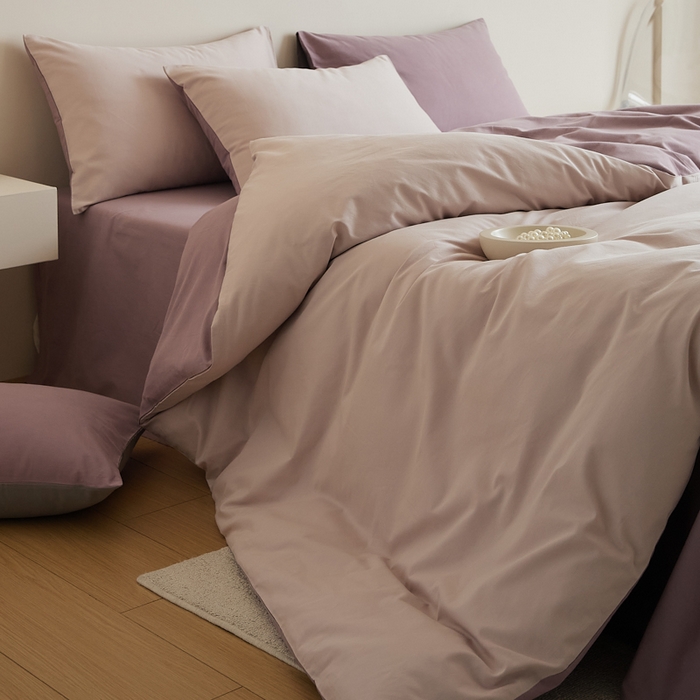 91家纺网 家纺一手货源 找家纺 眷恋家纺 2025新款A类全棉贡缎磨毛双拼色四件套 溪紫