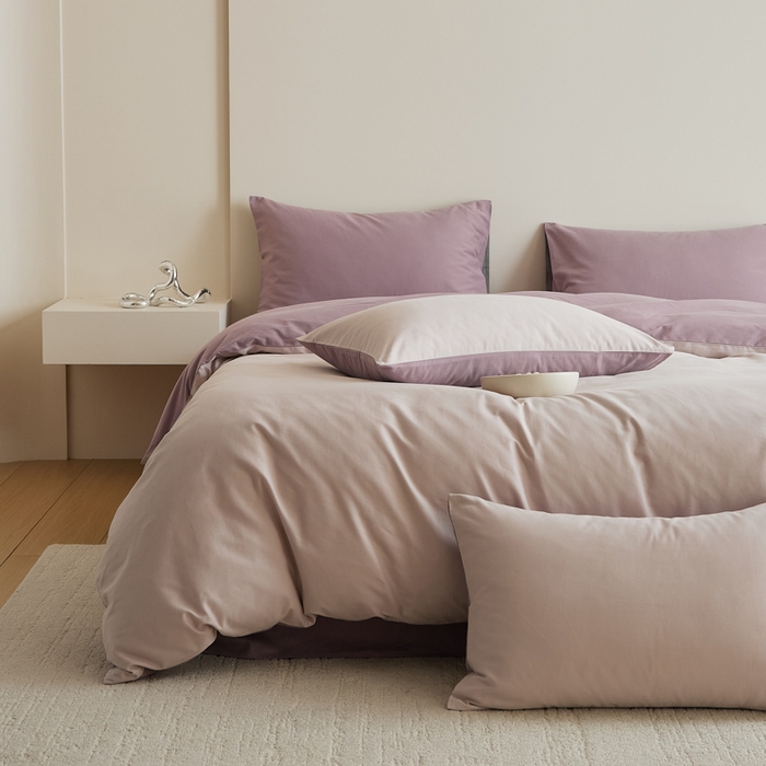 91家纺网 家纺一手货源 找家纺 眷恋家纺 2025新款A类全棉贡缎磨毛双拼色四件套 溪紫