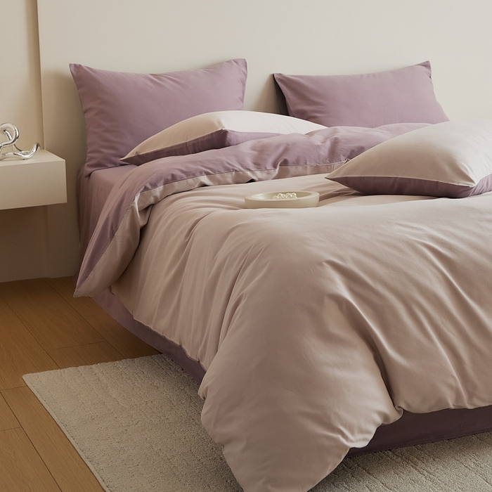 91家纺网 家纺一手货源 找家纺 眷恋家纺 2025新款A类全棉贡缎磨毛双拼色四件套 溪紫