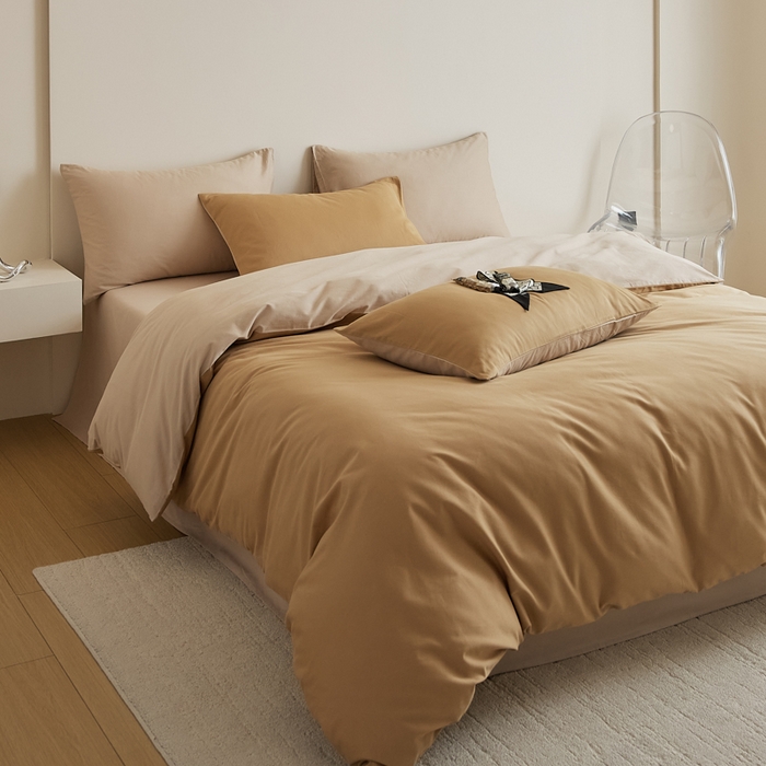 91家纺网 家纺一手货源 找家纺 眷恋家纺 2025新款A类全棉贡缎磨毛双拼色四件套 耀金