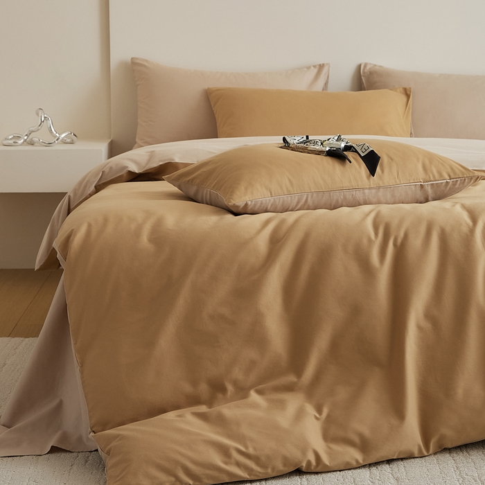 91家纺网 家纺一手货源 找家纺 眷恋家纺 2025新款A类全棉贡缎磨毛双拼色四件套 耀金