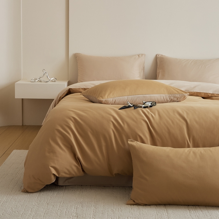 91家纺网 家纺一手货源 找家纺 眷恋家纺 2025新款A类全棉贡缎磨毛双拼色四件套 耀金