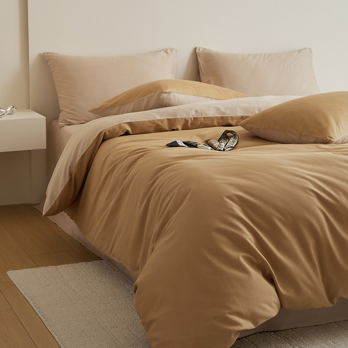 91家纺网 家纺一手货源 找家纺 眷恋家纺 2025新款A类全棉贡缎磨毛双拼色四件套 耀金