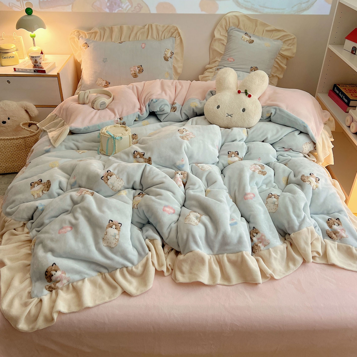 91家纺网 家纺一手货源 找家纺 桃喜 2025新款牛奶绒卡通花边款四件套 蓝色布偶猫花边款