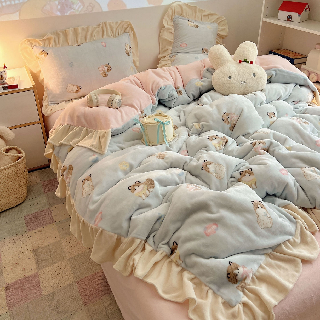 91家纺网 家纺一手货源 找家纺 桃喜 2025新款牛奶绒卡通花边款四件套 蓝色布偶猫花边款