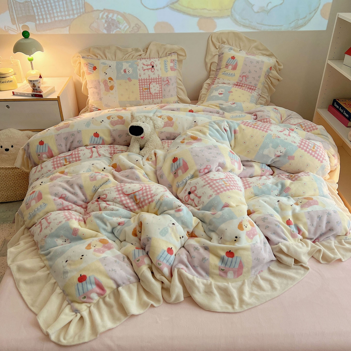 91家纺网 家纺一手货源 找家纺 桃喜 2025新款牛奶绒卡通花边款四件套 房子小狗花边款