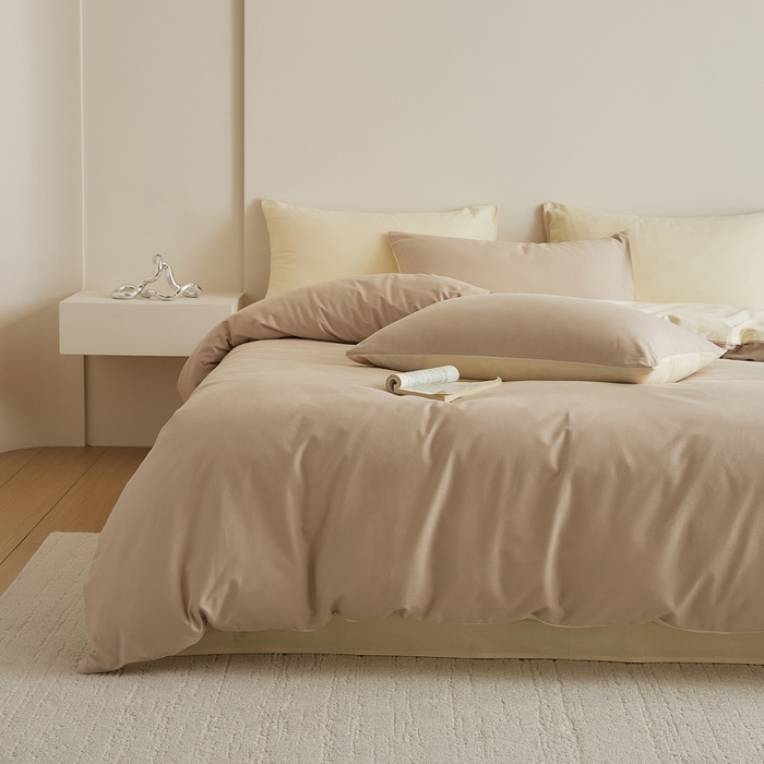 91家纺网 家纺一手货源 找家纺 眷恋家纺 2025新款A类全棉贡缎磨毛双拼色四件套 鱼月