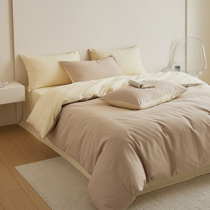 91家纺网 家纺一手货源 找家纺 眷恋家纺 2025新款A类全棉贡缎磨毛双拼色四件套 鱼月