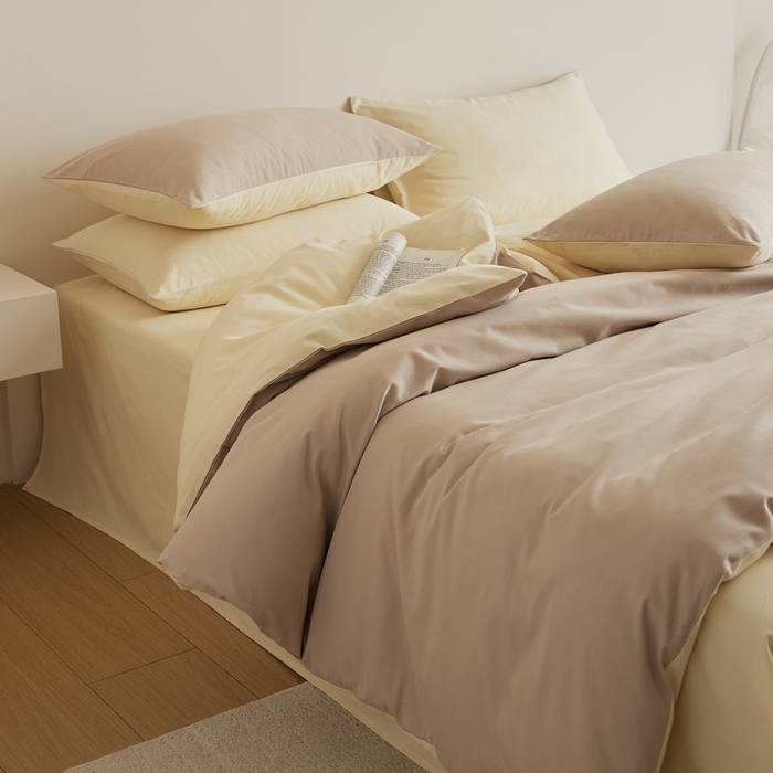 91家纺网 家纺一手货源 找家纺 眷恋家纺 2025新款A类全棉贡缎磨毛双拼色四件套 鱼月