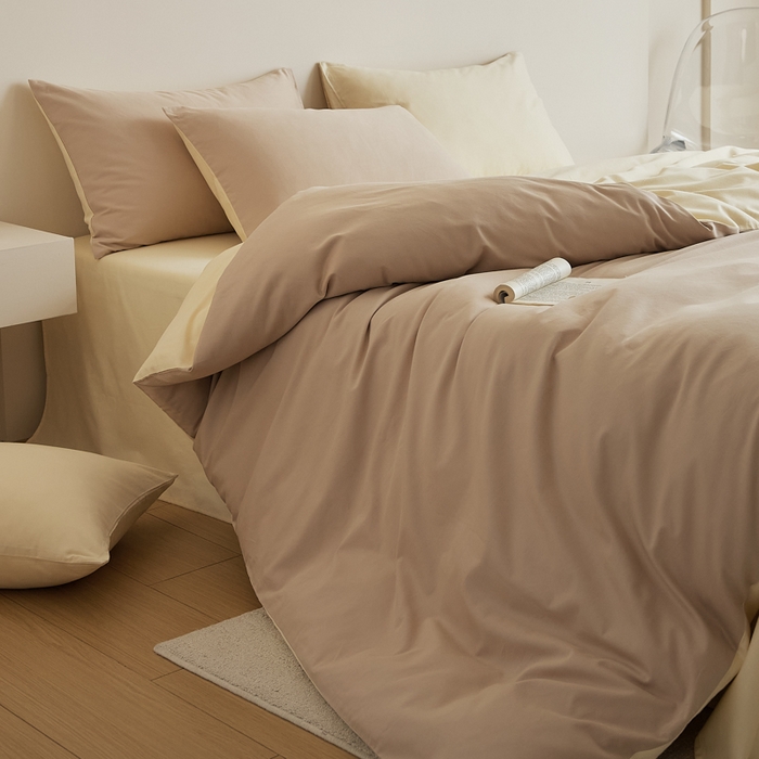 91家纺网 家纺一手货源 找家纺 眷恋家纺 2025新款A类全棉贡缎磨毛双拼色四件套 鱼月