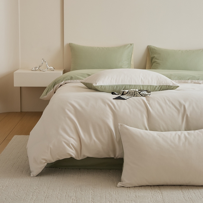 91家纺网 家纺一手货源 找家纺 眷恋家纺 2025新款A类全棉贡缎磨毛双拼色四件套 玉林