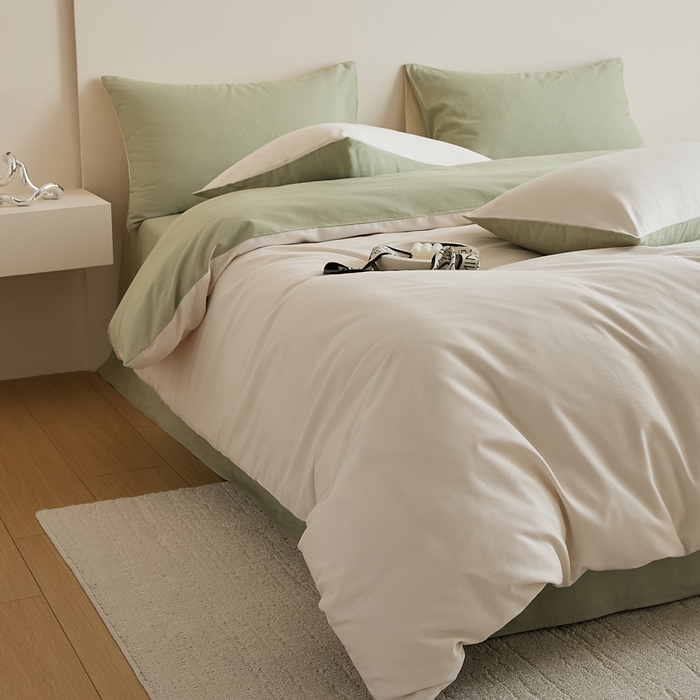 91家纺网 家纺一手货源 找家纺 眷恋家纺 2025新款A类全棉贡缎磨毛双拼色四件套 玉林